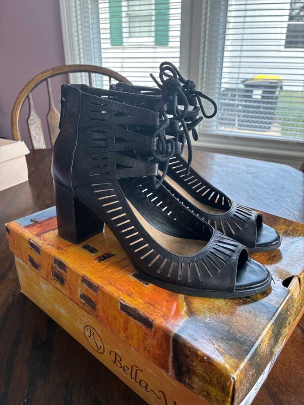 Bella Vita Black Laser-Cut Lace-Up Block Heel Sandals